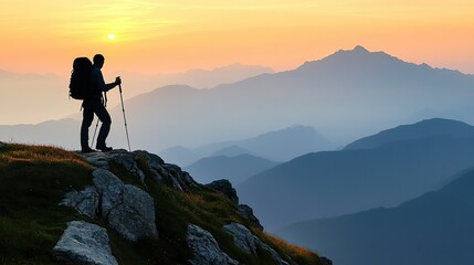 hiking a mountain shilhouette in the morning with illustration of a mount hiker