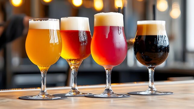 Innovative craft beer brewing and intricate mixology techniques showcased in a moody industrial chic bar setting with vibrant frothy drinks unique glassware and a neon lit counter