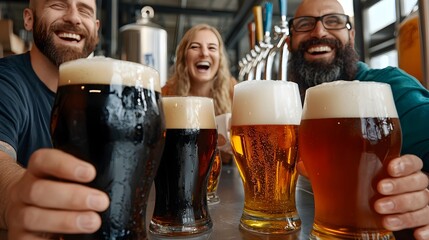 Enthusiastic beer connoisseurs gathered in an urban industrial setting