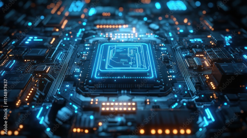 Poster futuristic ai microchip with neon lights intricate circuit design
