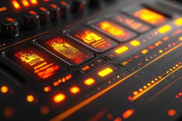 Obraz premium Music production equipment recording studio close-up shots dark environment detailed view of sound controls