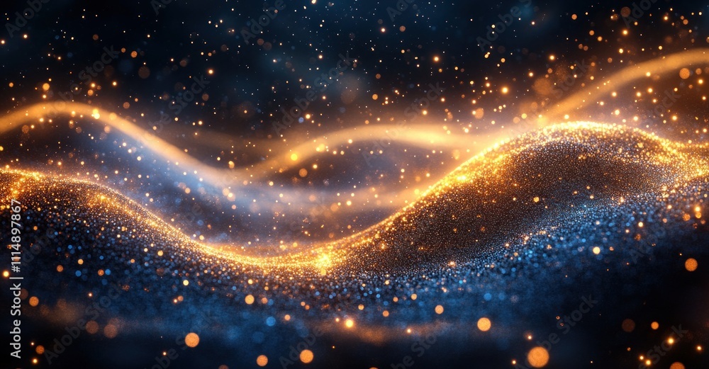 Poster dynamic abstract background with gold and blue particles shimmering light and texture for holiday an