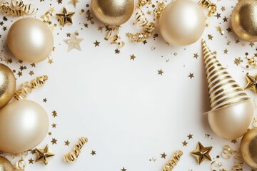 Gold Themed Birthday Party Decorations with Balloons Confetti Star and Gift Box on White Surface