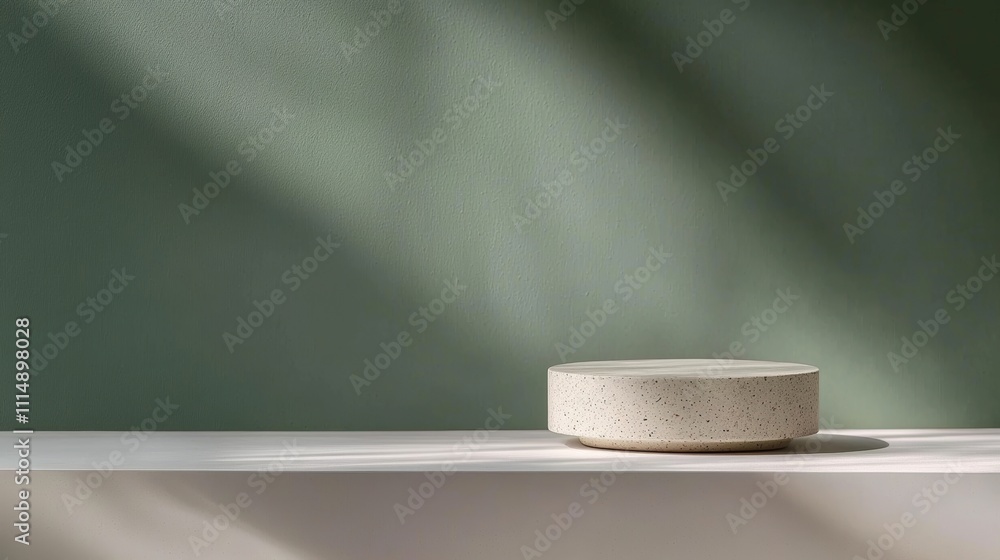 Poster white marble pedestal minimalist display on smooth surface with soft green background and gentle sha