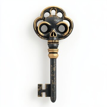 A skeleton key with a skull design, isolated on white background, symbolizing unlocking secrets and ancient mysteries, perfect for vintage-themed campaigns, cosplay accessories