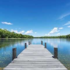 Obraz premium Beautiful view of wooden dock on lake with clear blue sky and green trees, water, landscape, scenic