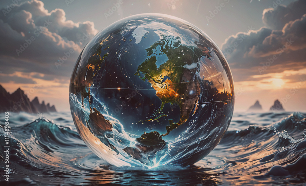 Aufkleber globe is floating in the ocean. the globe is surrounded by water and the ocean is blue