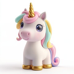Naklejka premium A unicorn doll with a pastel rainbow mane and sparkly horn, isolated on white background, representing fantasy and magical charm, ideal for children's toy catalogs, fantasy-themed advertising