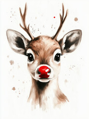 A watercolor of a young rudolph the red nosed reindeer