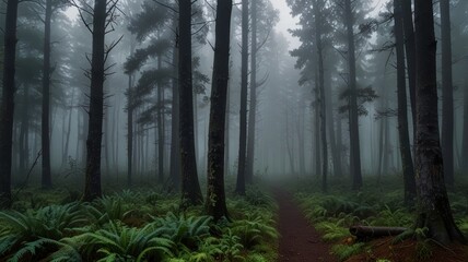 Obraz premium Misty forest path with tall trees and ferns.