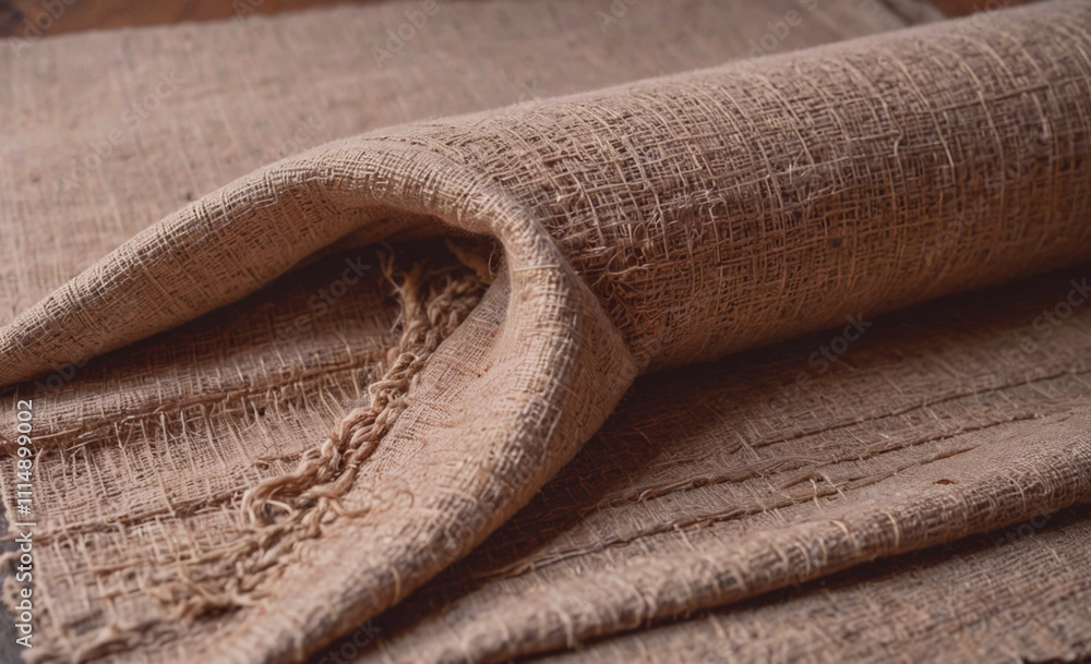 Poster brown cloth with a fringe. the fringe is made of string. the cloth is rolled up