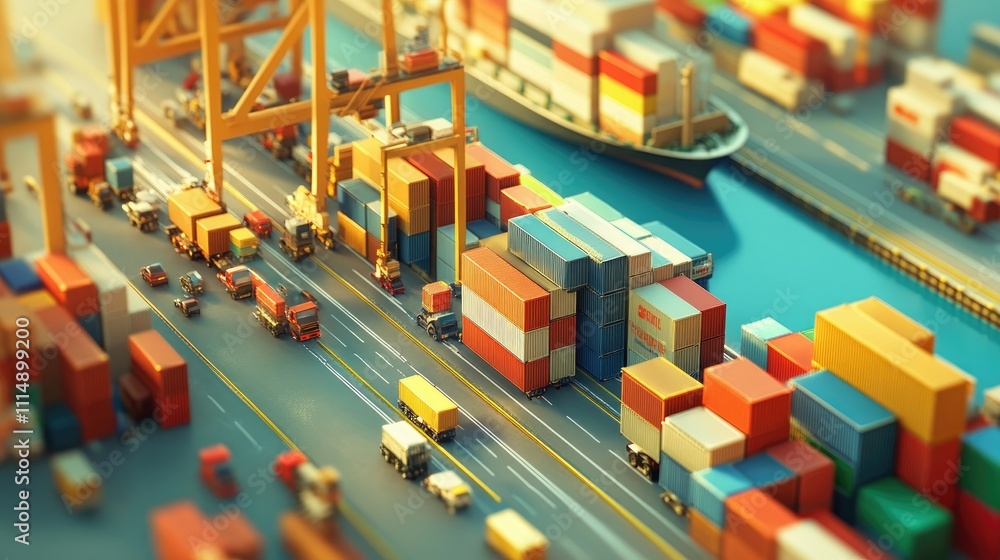 Aufkleber a busy port with container ships unloading cargo while trucks and forklifts efficiently distribute f