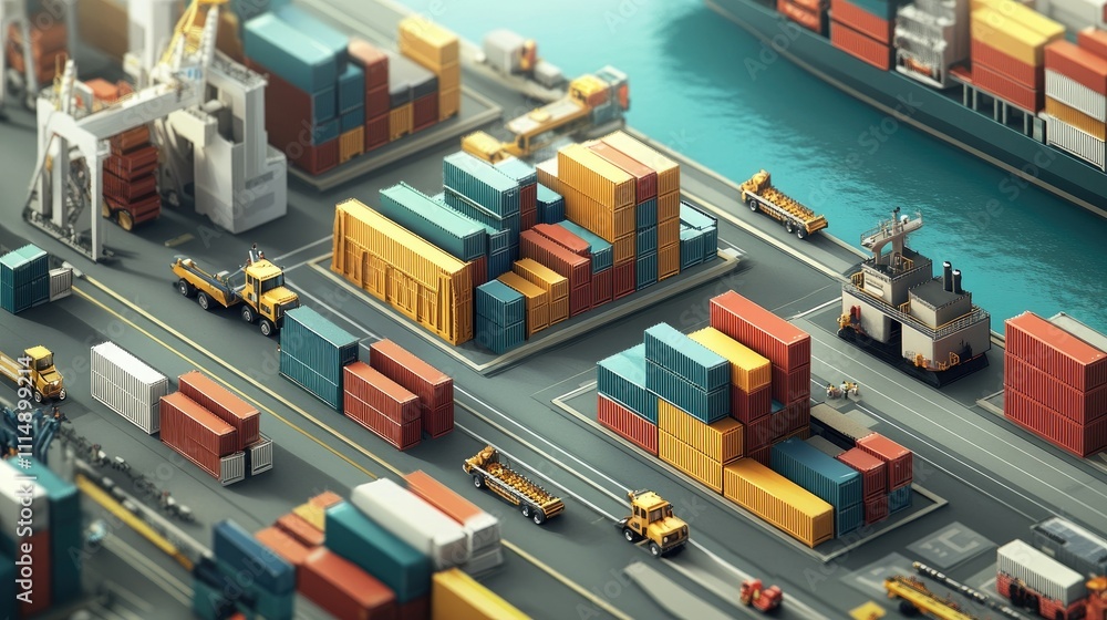 Poster a busy port with container ships unloading cargo while trucks and forklifts efficiently distribute f