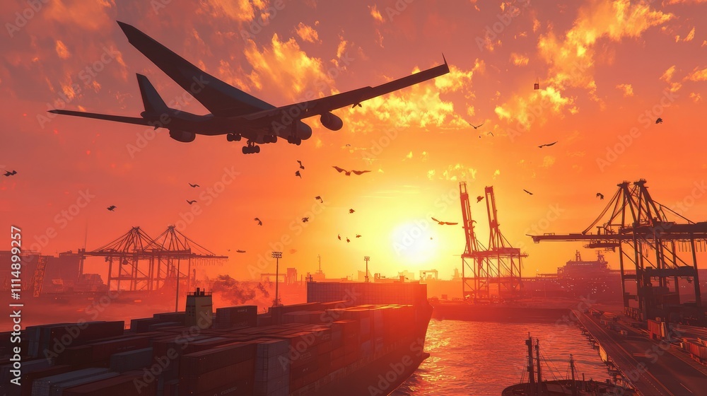 Poster A cargo plane in the sky above a busy shipping terminal with cranes unloading containers from ships at sunrise, showcasing transportation logistics.