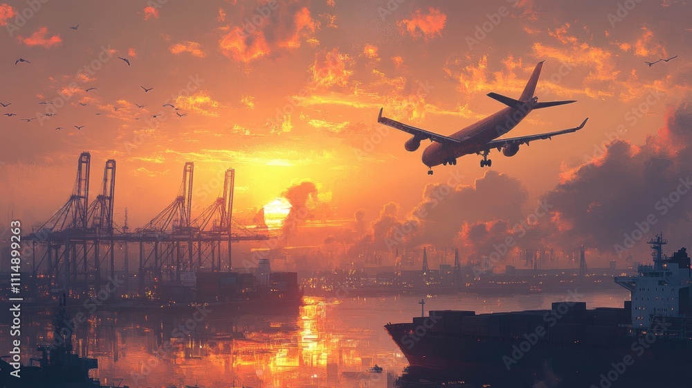 Poster A cargo plane in the sky above a busy shipping terminal with cranes unloading containers from ships at sunrise, showcasing transportation logistics.