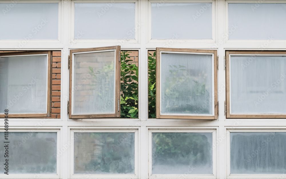 Poster windows open to allow fresh air and light into a modern building with greenery visible