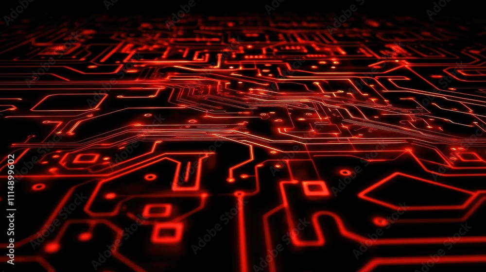 Aufkleber A close-up of a glowing circuit board design, red lines illuminating the intricate pathways on a dark background.