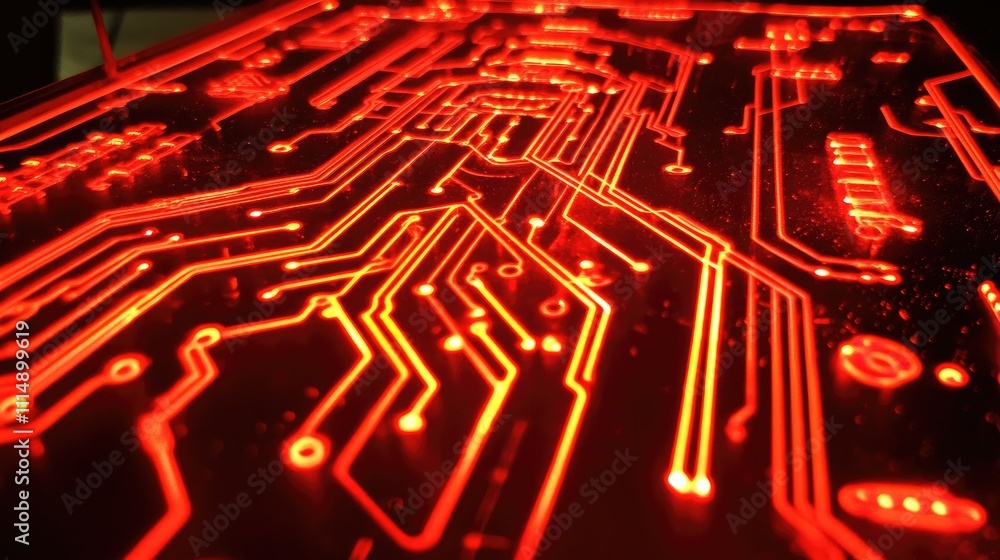 Poster A close-up of a glowing circuit board design, red lines illuminating the intricate pathways on a dark background.