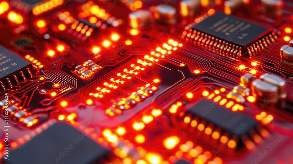 Poster A close-up of a high-tech circuit board with glowing red lines and intricate patterns, showcasing futuristic technology.