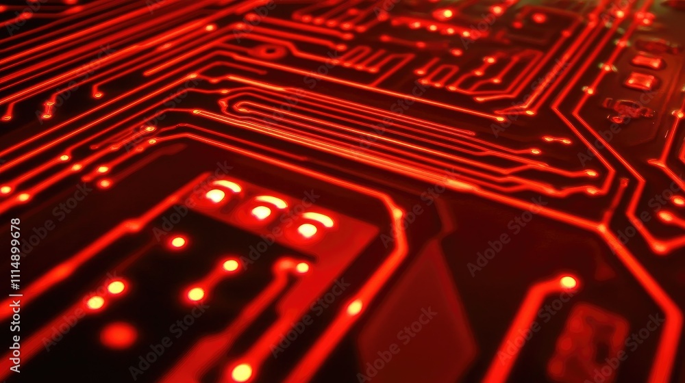 Fototapete a close-up of a high-tech circuit board with glowing red lines and intricate patterns, showcasing fu