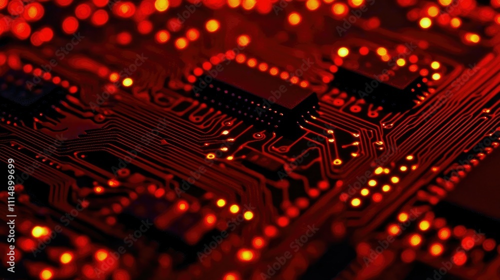 Poster A close-up of a high-tech circuit board with glowing red lines and intricate patterns, showcasing futuristic technology.