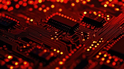 A close-up of a high-tech circuit board with glowing red lines and intricate patterns, showcasing futuristic technology.