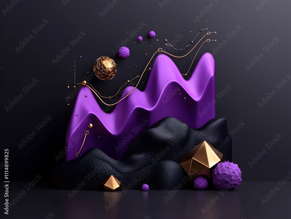 Poster ascending purple 3d business graph chart with intricate data visualization featuring geometric patte