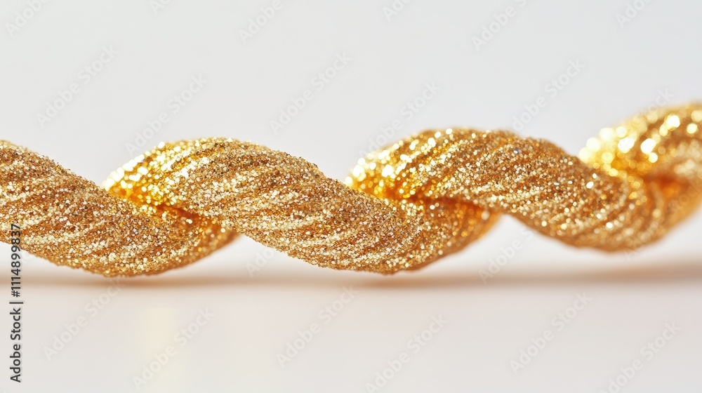 Poster a close-up of a sparkling golden twisted strand on a white background, reflecting light with a glitt