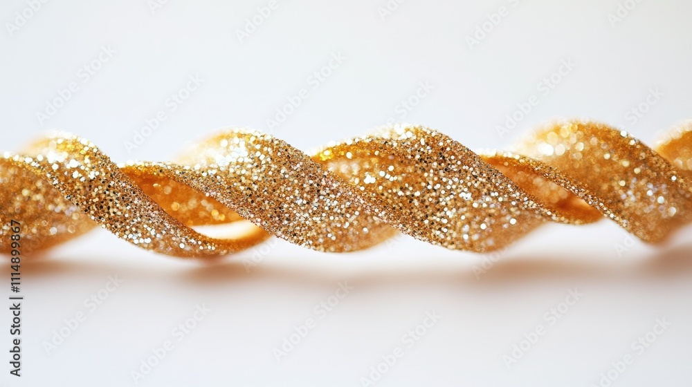 Poster a close-up of a sparkling golden twisted strand on a white background, reflecting light with a glitt