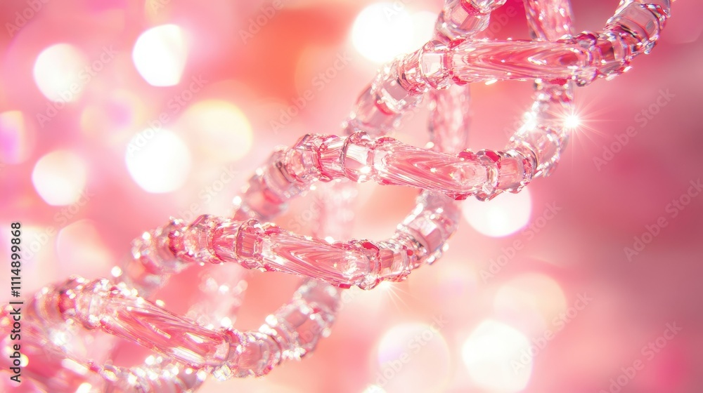 Poster A close-up of a sparkling pink DNA helix structure, illuminated with soft light to reveal its intricate design and molecular significance.