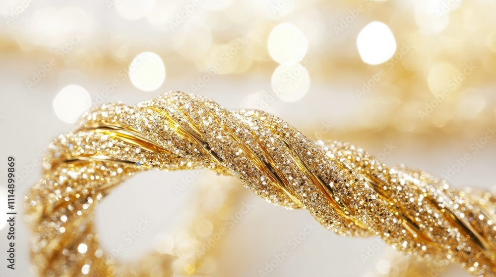 Poster a close-up of a sparkling golden twisted strand on a white background, reflecting light with a glitt