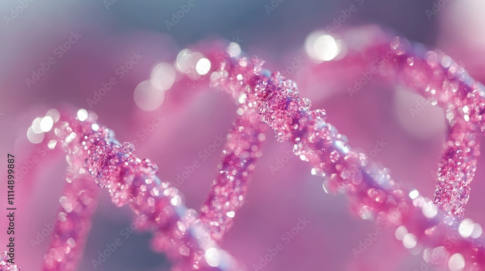 Poster a close-up of a sparkling pink dna helix structure, illuminated with soft light to reveal its intric