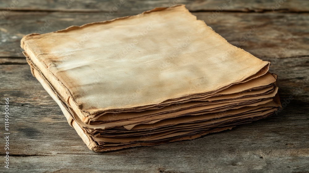 Poster A close-up of a weathered book with empty pages on a rustic wooden surface, evoking nostalgia and an old-world charm.