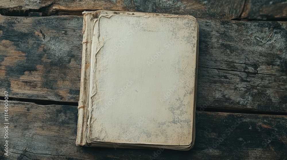 Poster A close-up of a weathered book with empty pages on a rustic wooden surface, evoking nostalgia and an old-world charm.