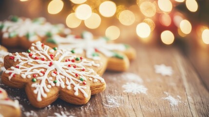 Festively decorated holiday cookies in various shapes are arranged on a wooden board, creating a cheerful atmosphere for the season