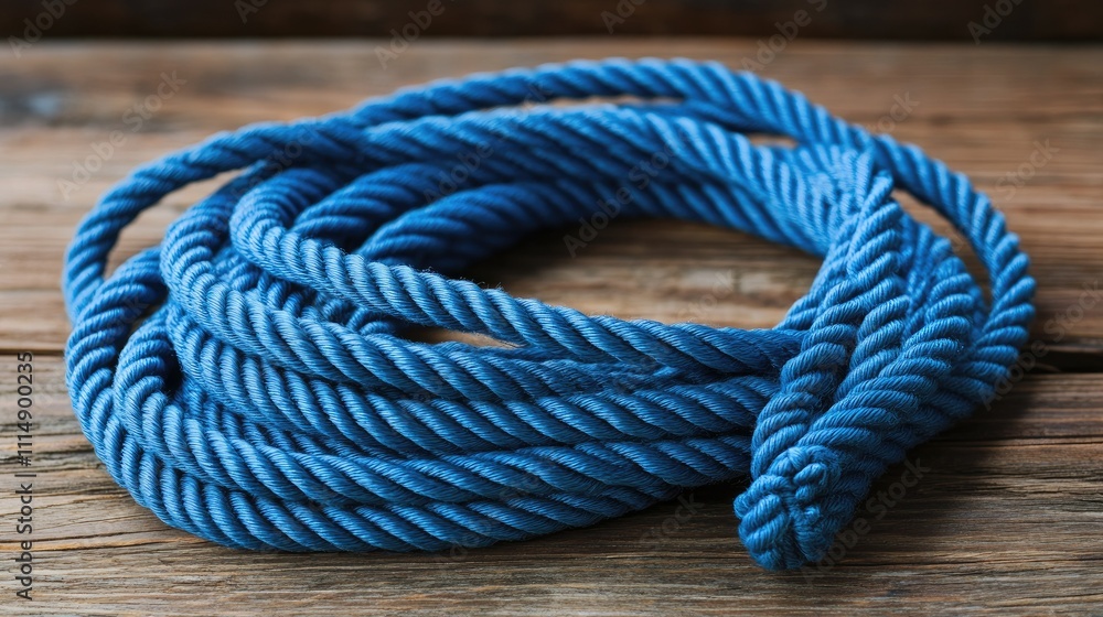 Poster a close-up of blue rope with intricate twists, lying on an aged wooden surface, capturing the textur
