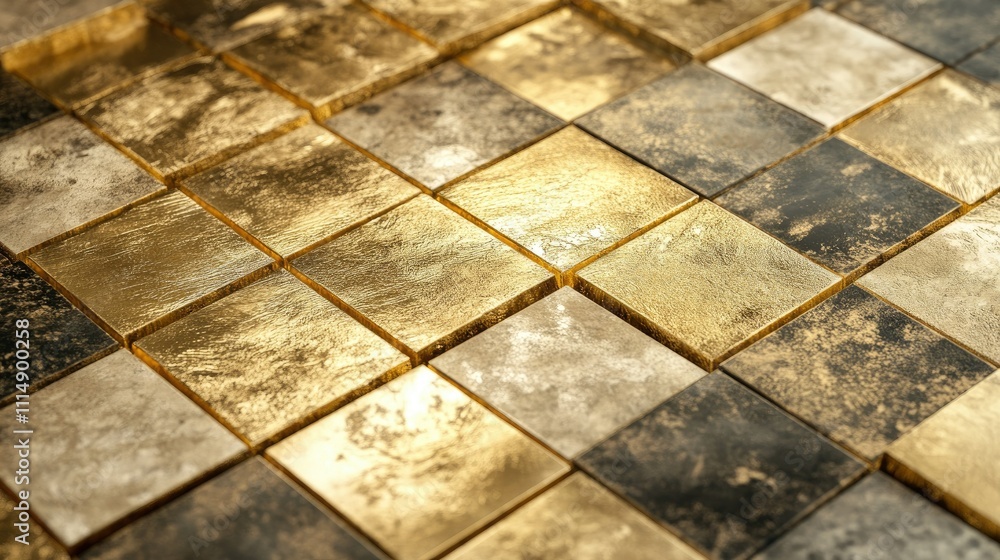 Poster A close-up of shimmering gold blocks arranged in a patterned layout, showcasing their reflective texture and luxurious appeal.