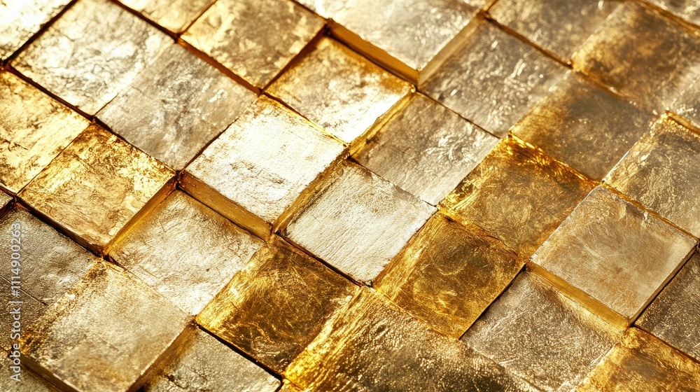 Poster A close-up of shimmering gold blocks arranged in a patterned layout, showcasing their reflective texture and luxurious appeal.