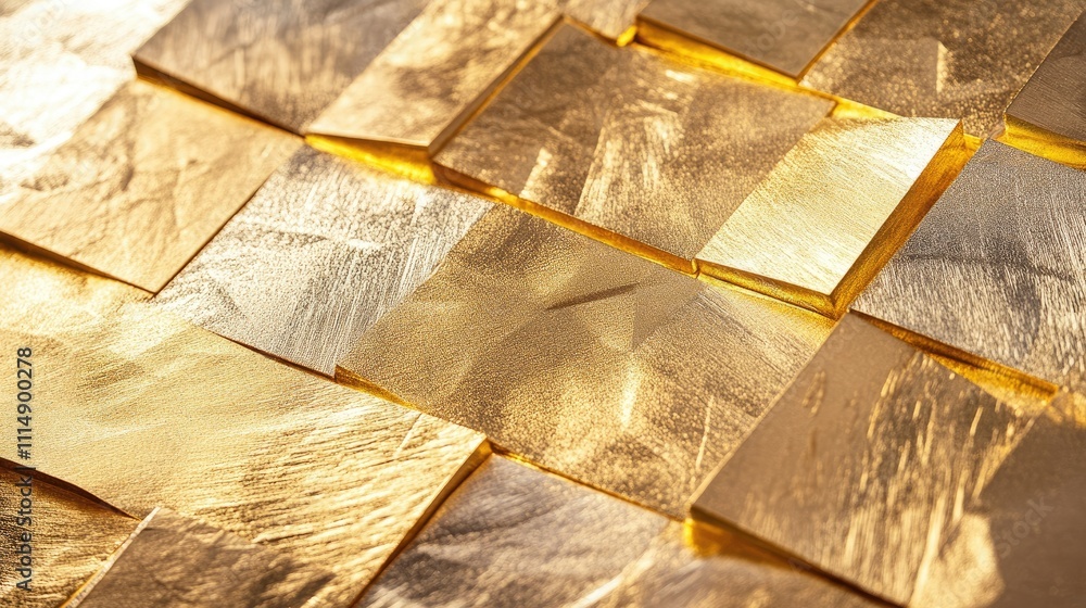 Poster A close-up of shimmering gold blocks arranged in a patterned layout, showcasing their reflective texture and luxurious appeal.