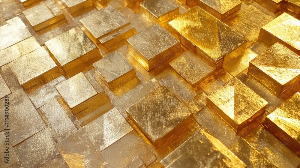 Poster A close-up of shimmering gold blocks arranged in a patterned layout, showcasing their reflective texture and luxurious appeal.
