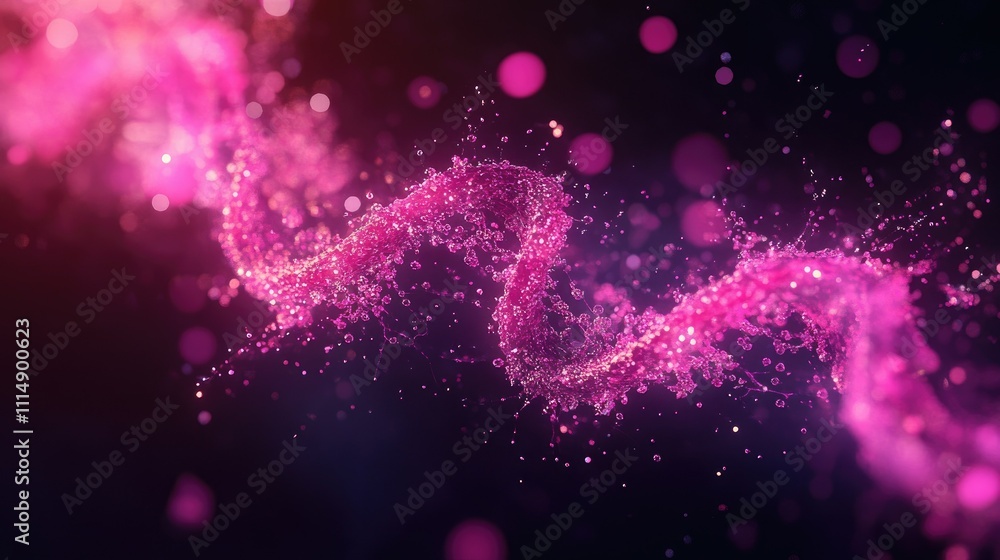 Poster a close-up view of a sparkling pink dna double helix structure, glowing with intricate details and v
