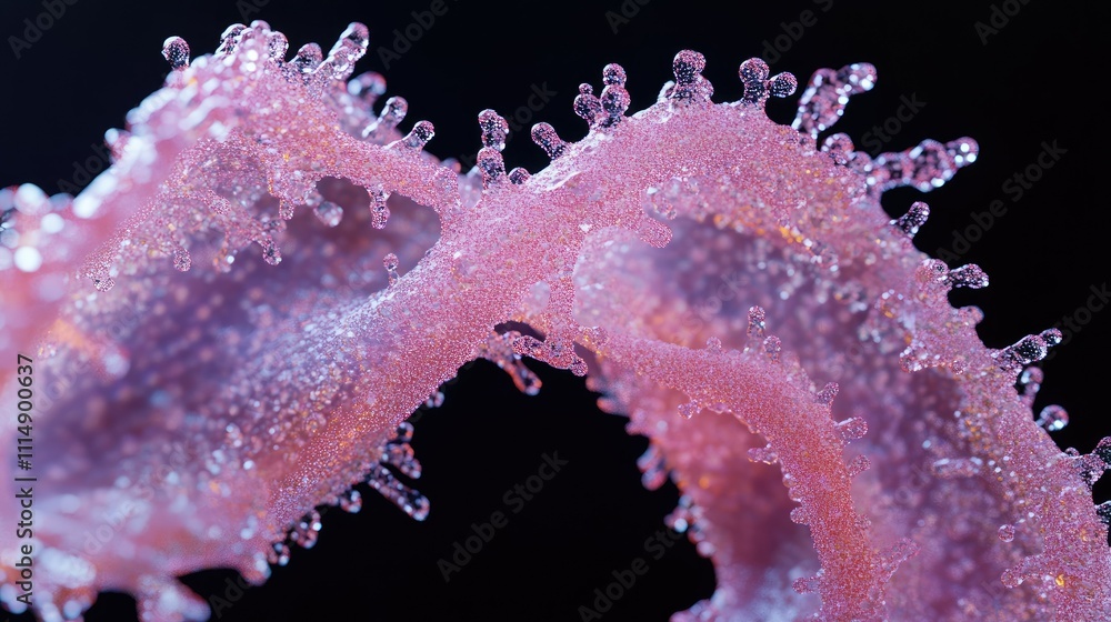 Poster a close-up view of a sparkling pink dna double helix structure, glowing with intricate details and v