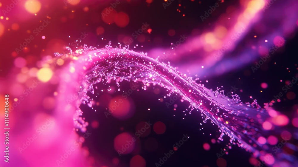 Poster a close-up view of a sparkling pink dna double helix structure, glowing with intricate details and v