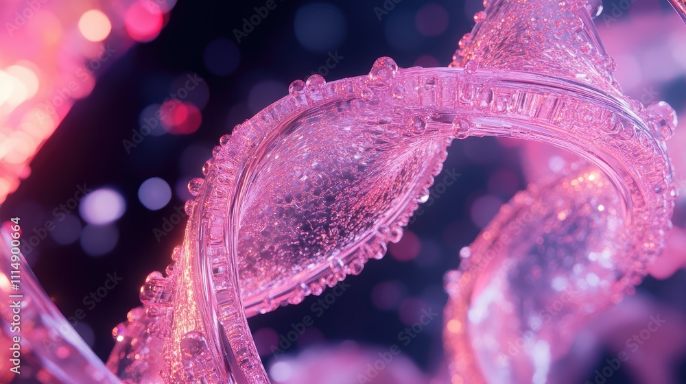 Poster a close-up view of a sparkling pink dna double helix structure, glowing with intricate details and v