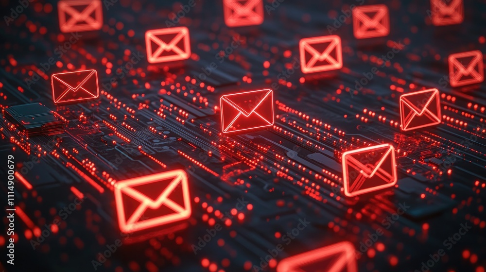 Poster A close-up view of glowing red email icons scattered across a dark, illuminated circuit board, symbolizing digital communication in technology and the modern age.