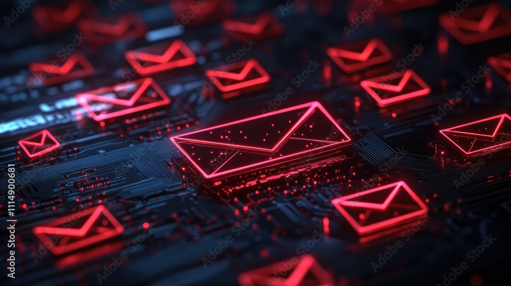 Poster A close-up view of glowing red email icons scattered across a dark, illuminated circuit board, symbolizing digital communication in technology and the modern age.