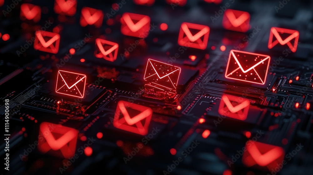 Poster A close-up view of glowing red email icons scattered across a dark, illuminated circuit board, symbolizing digital communication in technology and the modern age.