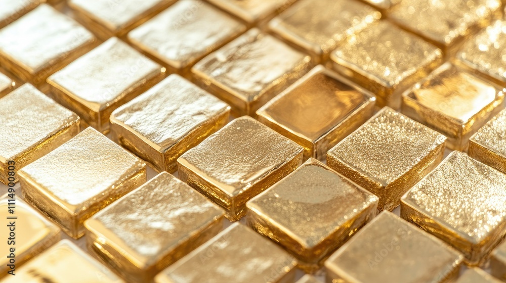 Poster A close-up view of shiny gold blocks arranged in a textured pattern, showcasing their gleaming surface and intricate arrangement.