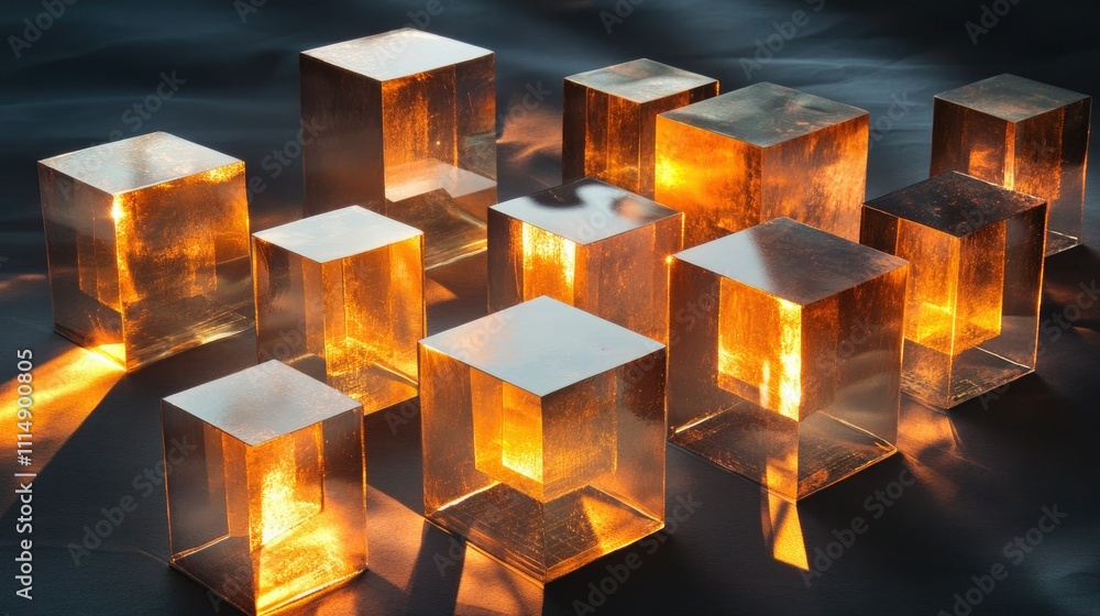 Poster A collection of reflective metallic cubes illuminated by soft, warm light, casting intriguing shadows and creating an abstract visual effect.
