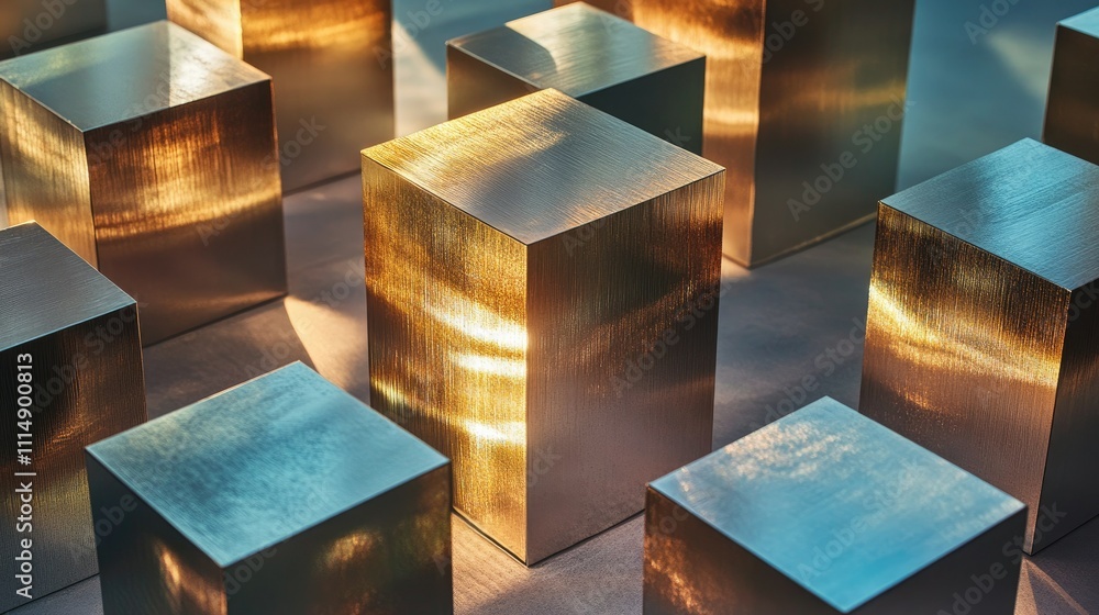 Poster A collection of reflective metallic cubes illuminated by soft, warm light, casting intriguing shadows and creating an abstract visual effect.